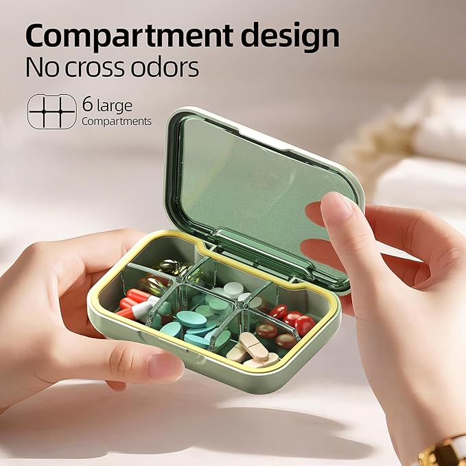 Portable Pill Box, Pill Organizer with 6 Compartments, Daily Medicine Pill Case, Pocket Size Pill Box for Travel, BPA Free Small Pill Container for Vitamins, Fish Oil, Supplements (Green)