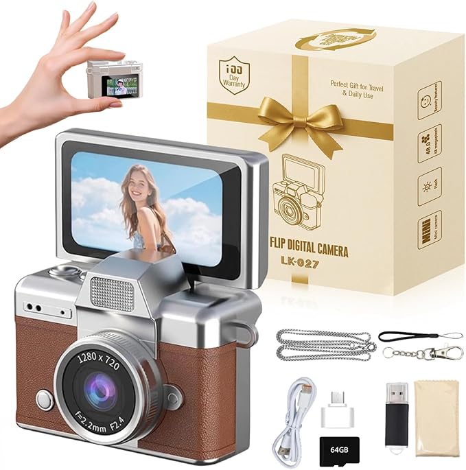 Vintage Mini Digital Camera Retro Mini Digital Video Keychain Camera Small Bodycam 1080P HD 0.96" IPS Screen Type-C 64G Card Included Portable for Photography Enthusiasts Travel (Brown)