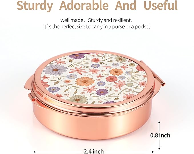 Dynippy Pill Case Pill Box with Mirror Pocket 3 Compartment Medicine Case Vitamin Pill Organizer for Pocket Purse and Travel (Round, Rose Gold-Wildflower Pattern)