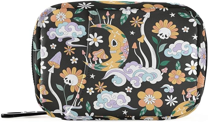 Bohemian Mushroom Moon Pill Box 7 Day Pill Case Travel Pill Organizer Bag Container for Medicine with Zipper Portable Weekly Case Compact Size for Medicine, Vitamin, Supplement