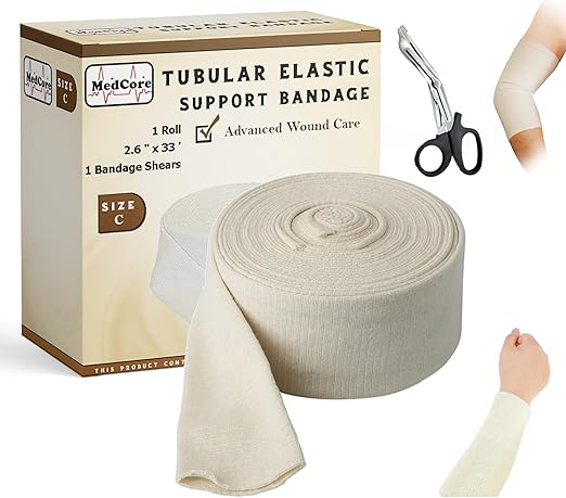 Tubular Compression Bandage Size C (2.65” x 33 ft) – Elastic Stockinette Support Sleeve for Small Knee, Elbow, Forearm, Calves, Full Arm Cut-to-Fit, Washable Reusable, No Tape – Plus Medical Scissors