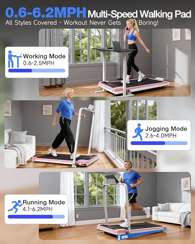 2 in 1 Walking Pad with Handle Bars, 8% Incline Foldable Treadmills for Home Office Ultra Quiet <40dB, 3.5 HP Portable Walking Jogging Running Machine with LED Display & Remote, 320+LB Capacity