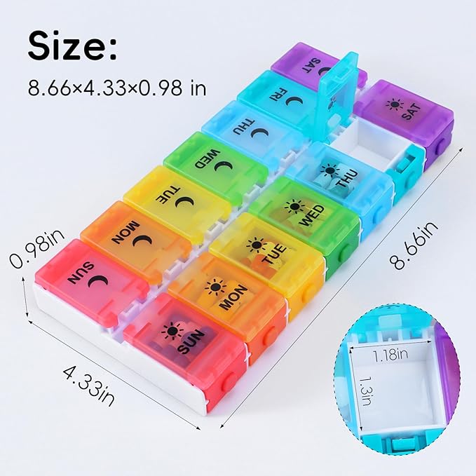 Weekly Pill Organizer, 7 Day AM PM, Push Button Design, Rainbow Colors, BPA-Free Medicine Container for Vitamins, Fish Oil, Supplements