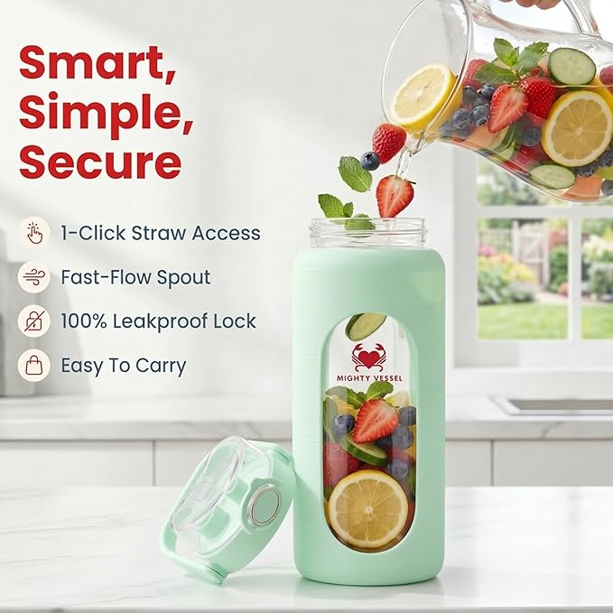 32 oz Glass Water Bottle – Light Green | Borosilicate with Time Markers, Flip Straw & Silicone Sleeve – Compact Leakproof Hydration for Travel or Office