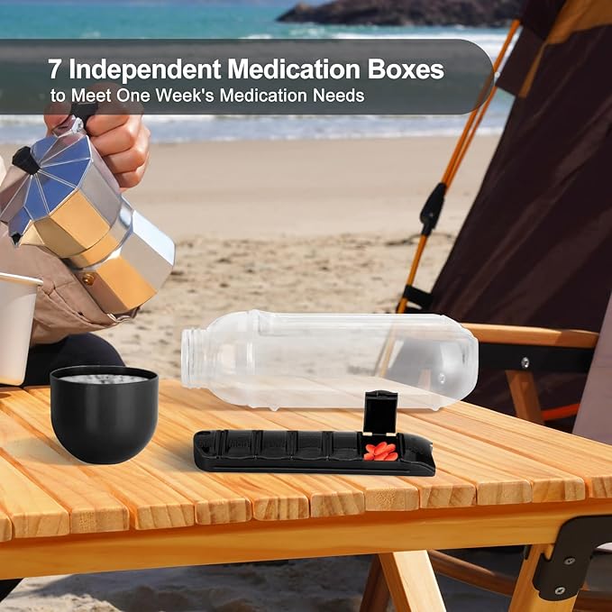 Medicine Box Water Cup,2 in 1 Water Bottle Medicine Box Storage Box,20 oz Daily Sports Water Bottle with Pill Box Organizer 7 Days Capsule Organizer, Black