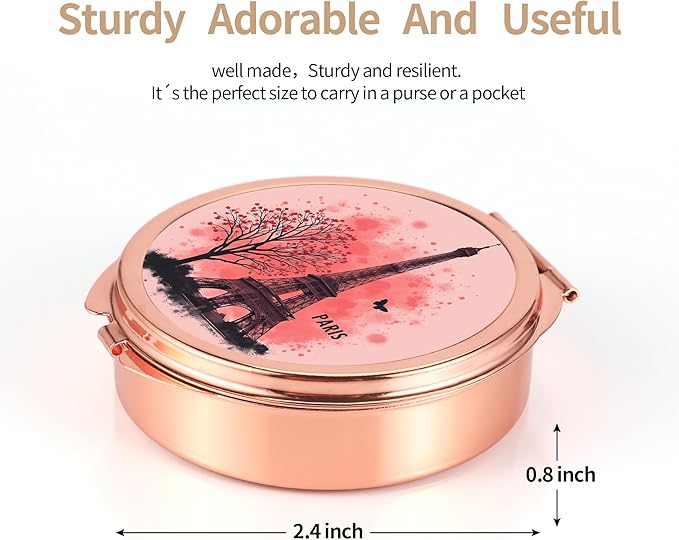 Dynippy Pill Case Pill Box with Mirror Pocket 3 Compartment Medicine Case Vitamin Pill Organizer for Pocket Purse and Travel (Round, Rose Gold-Paris Eiffel)