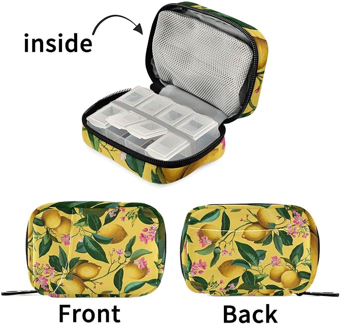 Lemons and Floral Pink Travel Pill Organizer Case Box Container Weekly Portable Vitamin Medicine Holder Storage Bag with Zipper Removable
