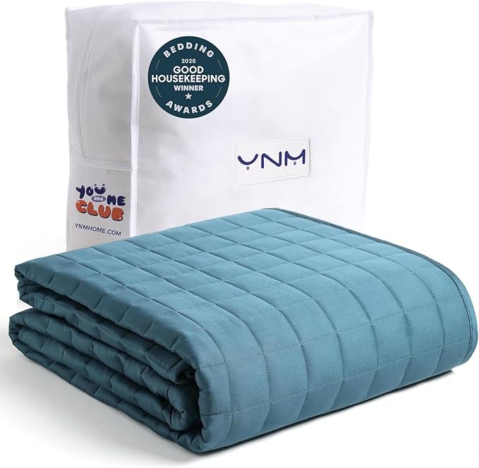 YnM Exclusive Weighted Blanket, Soothing Cotton, Smallest Compartments, Bed Blanket for One Person of 140lbs, Ideal for Twin/Full Bed (48x72 Inches, 15 Pounds, Peacock/Grey Reversible)
