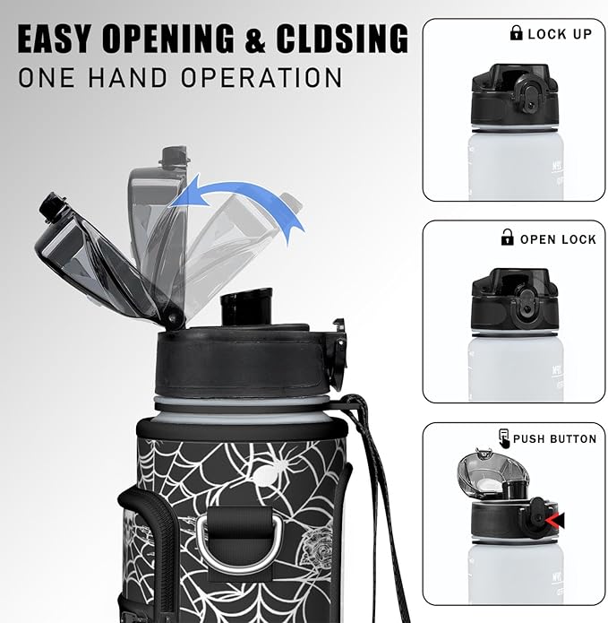 Halloween Half Gallon Water Bottle with Sleeve - Flip Top Bpa Free 32 OZ - Motivational Time Marker Leakproof Water Jug - Gothic Witchy Gifts for Women - Spider Web for Gifts