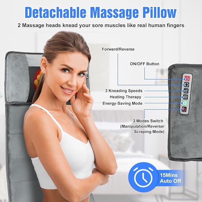 Full Body Massage Mat with Heat,Electric Massage Pad with Shiatsu Neck Back Massage Pillow,Massage Mattress Chair Pad W/ 10 Vibration Motors 3 Heating Levels for Neck,Back&Full Body Pain Relief