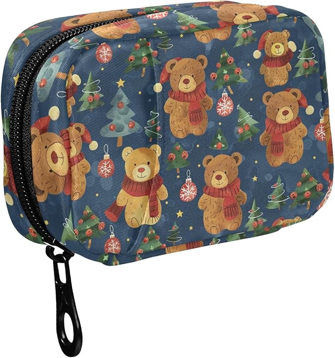 Fustylead Christmas Cute Brown Bears and Fir Trees Ball Decor Pill Organizer for Purse, Weekly Portable Pill Box with Zipper to Storage Vitamins Fish Oils Medications Supplements