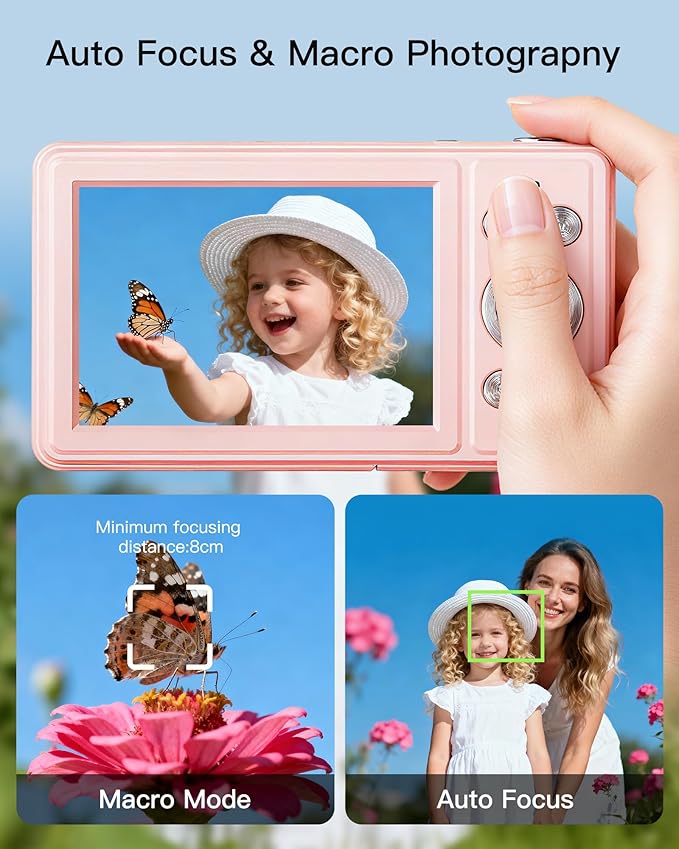 Digital Camera, FHD 1080P Point and Shoot Camera with 32GB SD Card, 2 Batteries, 16X Zoom, Anti Shake, Compact Small Design for Kids Teens Students Girls Boys (Pink)