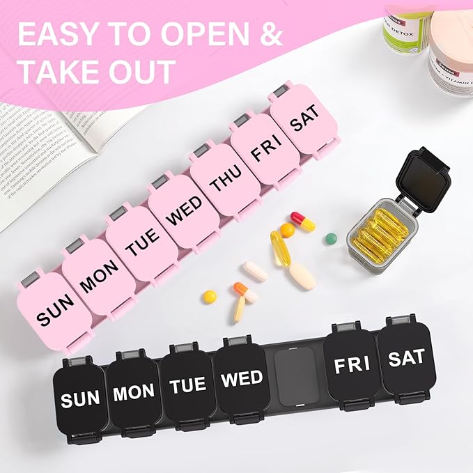 2-Pack Extra Large Weekly Pill Organizer - XL Vitamin Holder with 7 Detachable Compartments, Portable Medicine Pill Organizer for Supplements, Daily Pill Case for Home and Travel