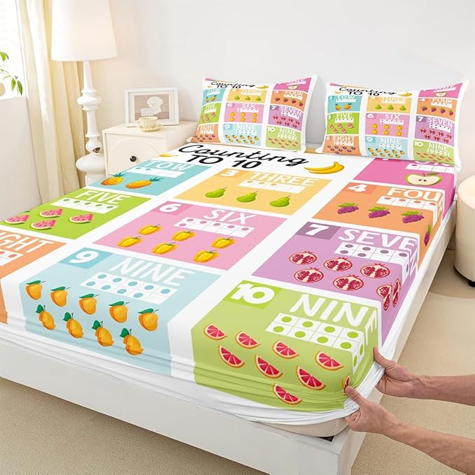 Feelyou Kids Numbers Bedding Set Twin Size, Educational Bed Sheet Set Boys Girls for Fruits Fitted Sheet Learning Teens Bedroom Decor with 1 Pillow Case (No Flat Sheet)