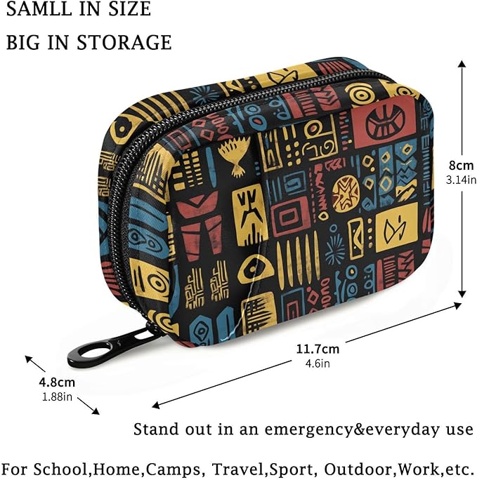 Fustylead African Tribal Ethnic Style Symbols Ornaments Travel Pill Case Bag with Zipper Weekly Pill Box 8 Compartments 7 Day Personal Pill Case Purse Medicine Case Organizer