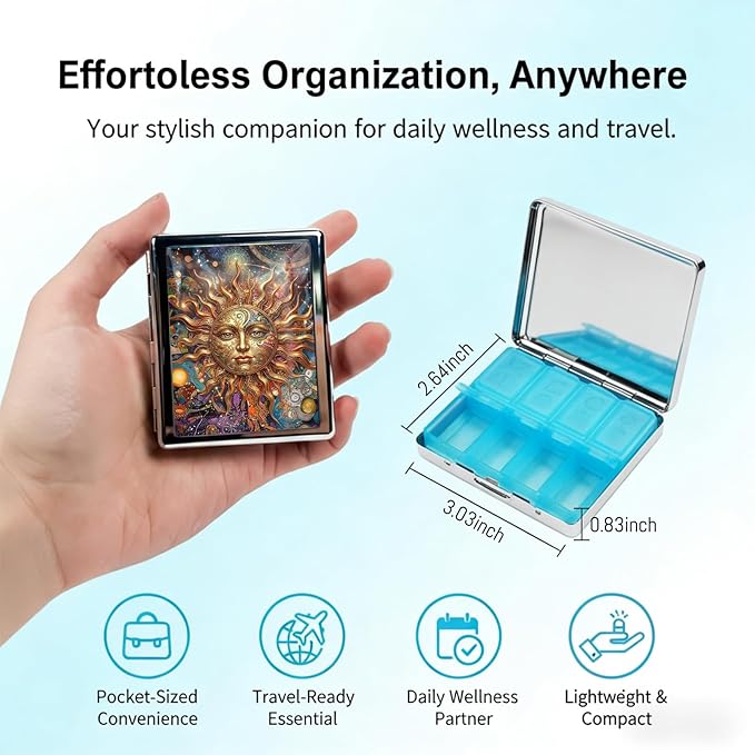 Metal 7 Day Pill Organizer, Weekly Pill Case 8 Compartments, Travel Pill Box for Purse & Pocket, Small Medicine & Vitamin Organizer, PP Dividers, Secure Clasp (Sun Face)