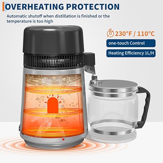 4L Water Distiller for Home Countertop, Stainless Steel Distilled Water Purifier Machine, 1 Gallon Per Cycle, 110V 750W with Auto Shut-Off, BPA-Free Glass Collection Pitcher, Silver Finish