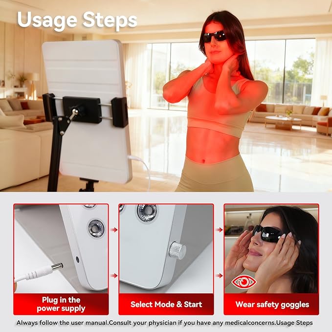 Red Light Therapy Panel for Face & Body - Portable 195 LED 4-in-1 Multi-Wave (415/590/660/850nm) Near Infrared Red Light Therapy Device with Protective Goggles, 10 Phototherapy Modes, Silver