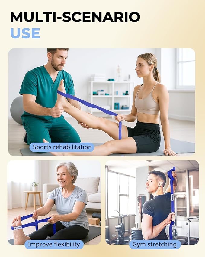 Trideer Stretching Strap with Loops & Leg Lifter, Non-Elastic PT-Style Physical Therapy Strap for Knee Replacement Rehab, Hamstring, Calf & Back Stretcher Mobility, Hip, Shoulder & Yoga