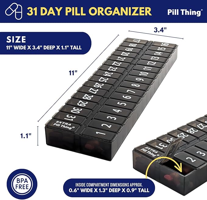 AM PM 31 Day Once-a Day Monthly Pill Planner Organizers - Large Compartment Pill Boxes Store Medications for Entire Month Plus Compartment for Extra Pills (AM/PM) (Am/Pm Black & Black)