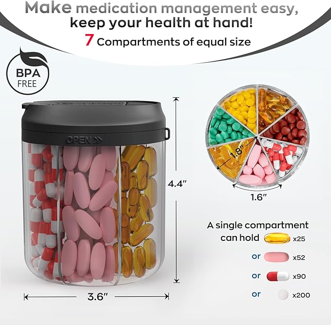 Pill Dispenser with 7 Large Compartments, 4.4" H x 3.6" Dia Pill Organizer for Travel, Supplement Organizer with Anti-Mixing Design, BPA-Free Pill Container with 20 Pcs Labels, Black