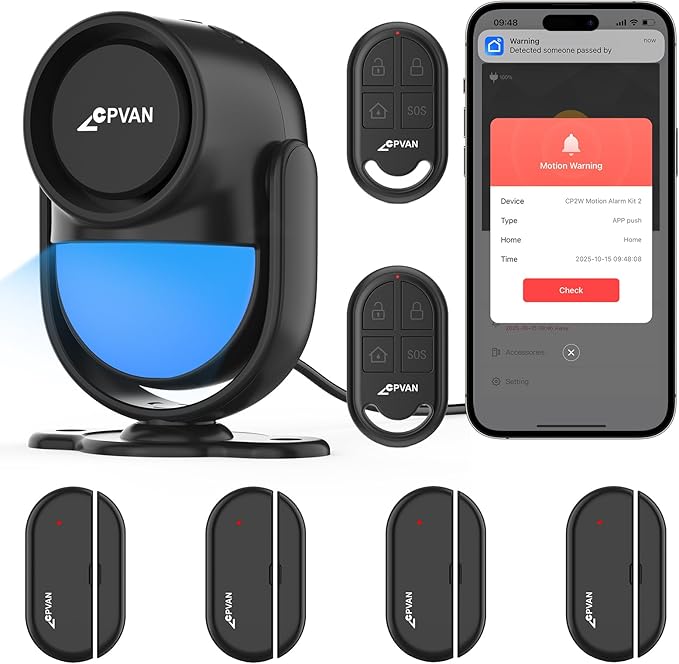CPVAN WiFi Motion Sensor Alarm, 125dB Wireless DIY Smart PIR Motion Detector with 4 Door/Window Sensors for Home Security System - On Spot Alarm & APP Alert, Black