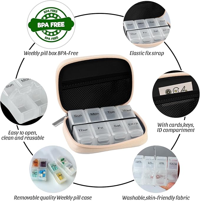 Pill Case Weekly Travel Pill Organizer for Purse with Removable 7 Day Pill Box Premium Neoprene Pill Container for Travel Purse Accessory, Vitamin, Supplement, Small Pieces Arrangement-Flower