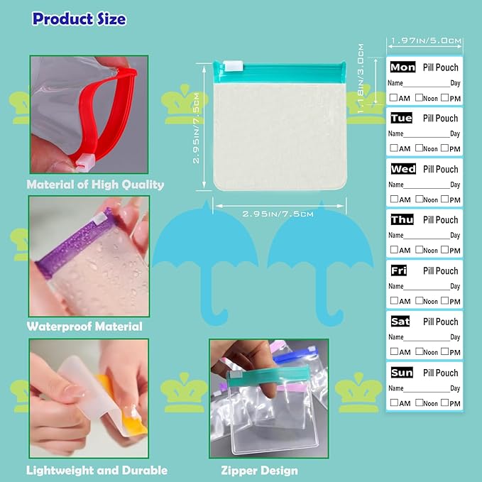 Reusable Travel Pill Organizer with 98 Labels - Leakproof Silicone Seal & Transparent Zippered Bags, Compact 3x3 Inch Medication Travel Case for Daily Pills, EVA Material, 7 Colors (21 PCS)