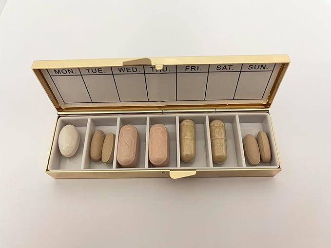 AmyZone Pill Organizer Weekly 7 Day with Reminder Travel Portable Compact Pill Box Pill Case to Hold Vitamins/Tylenol/Fish Oil/Supplements/Meds/Tablet for Purse/Pocket(Happy Pills with 7 Compartments)