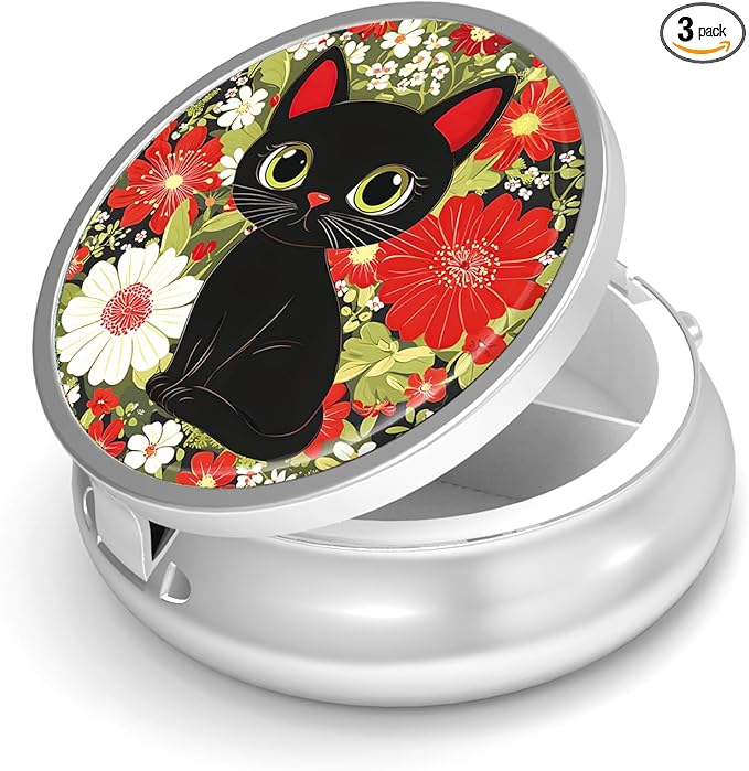 Pill Box-3 Compartment Small Pill Case for Purse & Pocket Mini Metal Pill Holder Travel Pill Container to Hold Supplements Vitamins BPA-Free (Cute Cat)