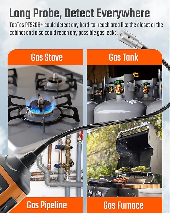 Rechargeable Gas Leak Detector, PT520B+ Natural Gas Leak Detector with a 17-inch Probe to Situate Gas Leaks for Propane, Natural Gas, Methane, LPG in RV or Home, Measuring PPM or%LEL - Orange