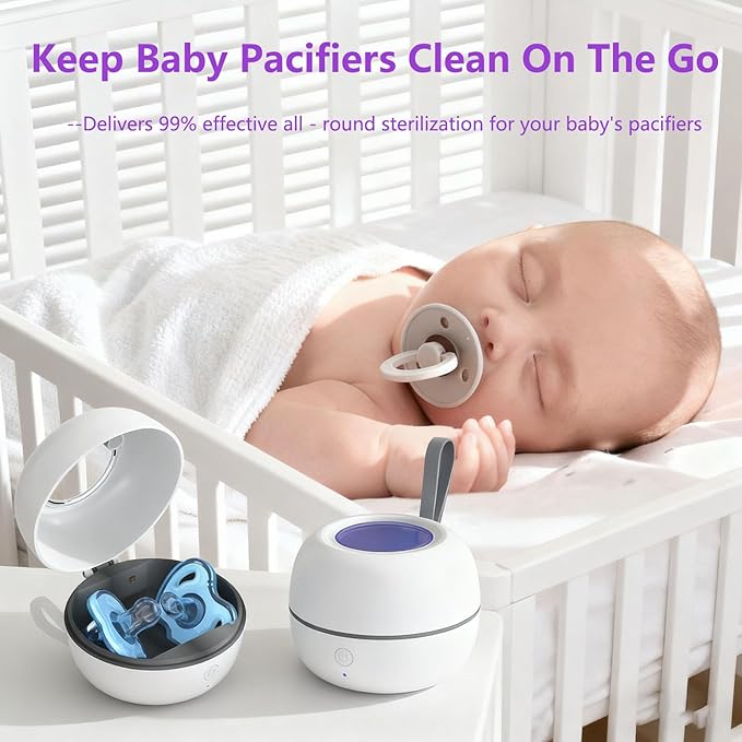 Portable Pacifier Sterilizer Box, USB Rechargeable Sterilize Case, 3-Minute High Efficiency Cleaning for Baby Pacifiers On The Go
