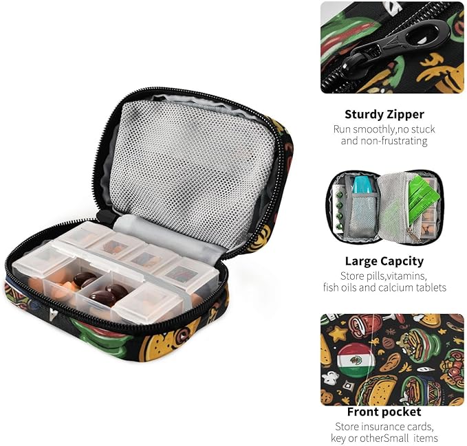 Mexican Soccer Food Travel Pill Organizer Case Box Container Weekly Portable Vitamin Medicine Holder Storage Bag with Zipper Removable