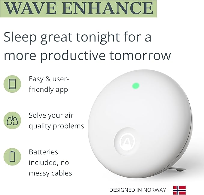 Airthings 322 Wave Enhance -Indoor Air Quality Monitor for CO2, VOC, Humidity, Temp, Pressure plus Noise & Light Sensors - Monitors Conditions for Sleep in Bedrooms & for Concentration in Home Offices