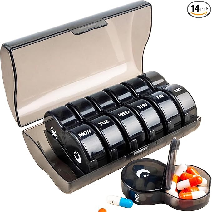 Weekly Pill Organizer 2 Time a Day，Pill Dispensers， Pill Box 7 Day with One-Side Large Opening Design for Easy Filling ，2 Times a Day AM/PM Pill Case, for Vitamins/Fish Oils (Black)