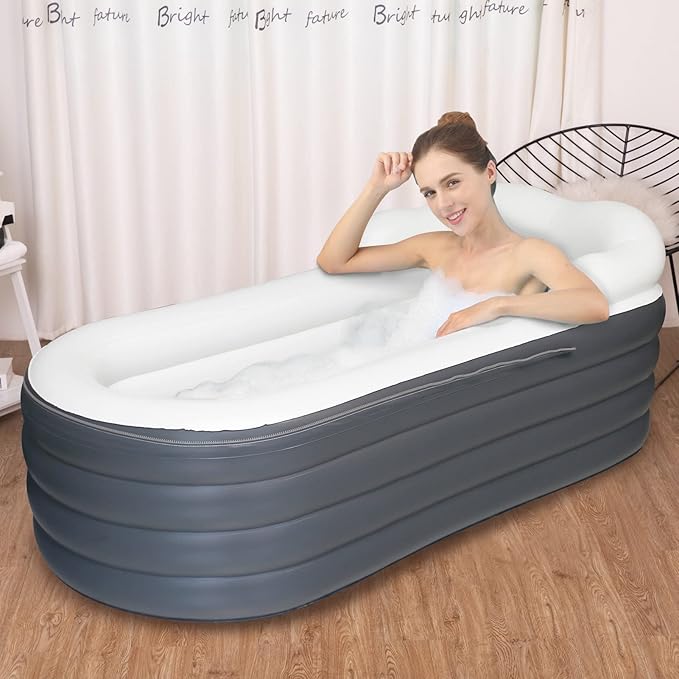 B&Y Portable Adult Soaking Bathtub, Ice Bath Tub Family Home Spa Tub with Zipper Cover, Designed with Headrest, Cup Holder (Air Pump Included) (Rectangular-168x76x68cm (without Machine))