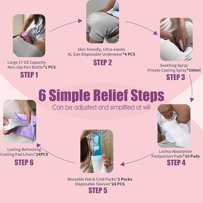 20 Pcs Mom Postpartum Essentials Recovery Kit, Hospital Bag Must Haves for New Mom, Postpartum Pads, Peri Bottle, Cooling Spray, Perineal Soothing Liners, Disposable Underwear, Hot&Cold Packs(Set)