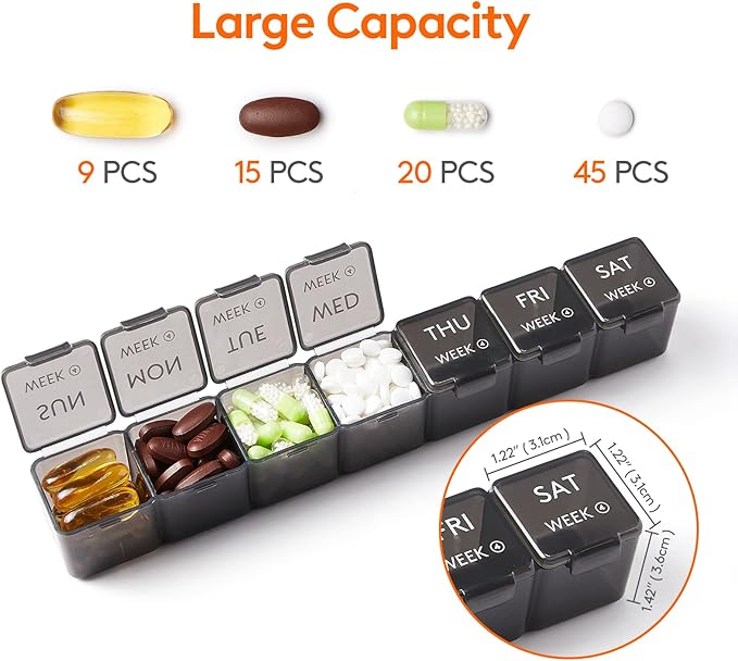 Lifewit Monthly Pill Organizer, 28 Day Pill Box, 4 Weeks One Month Vitamin Cases, Large Compartments Medicine Organizer for Fish Oils, Supplements, 28 Grids, Black