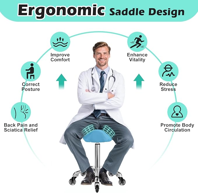Saddle Stool with wheels Ergonomic - Heavy Duty 400lbs, Upgraded Thick Saddle Cushion, Healthy Posture Correction, Swivel Adjustable Rolling Saddle Stool, Saddle Chair for Salon Massage Home (Blue)
