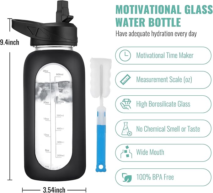 CIVAGO 32 oz Glass Water Bottle with Straw and Handle, Large Sports Motivational Water Bottle Flask with Time Marker and 2 Lids, Leakproof Water Jug Canteen with Silicone Sleeve for Gym,Red