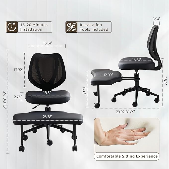 Ergonomic Cross Legged Office Chair with Lumbar Support & 360° Swivel Footrest for Meditation, Yoga, Home Office Work Criss Cross Desk Chair with Wheels, Adjustable Height for ADHD Desk