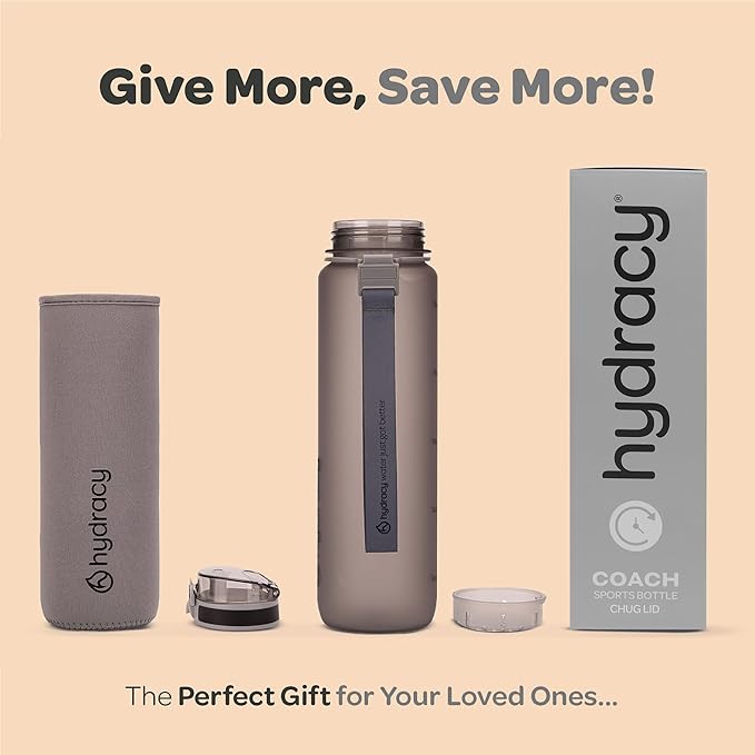 Hydracy Water Bottle with Time Marker -Large BPA Free Water Bottle & No Sweat Sleeve -Leak Proof Gym Bottle with Fruit Infuser Strainer & Times to Drink -Ideal for Fitness Sports & Outdoors