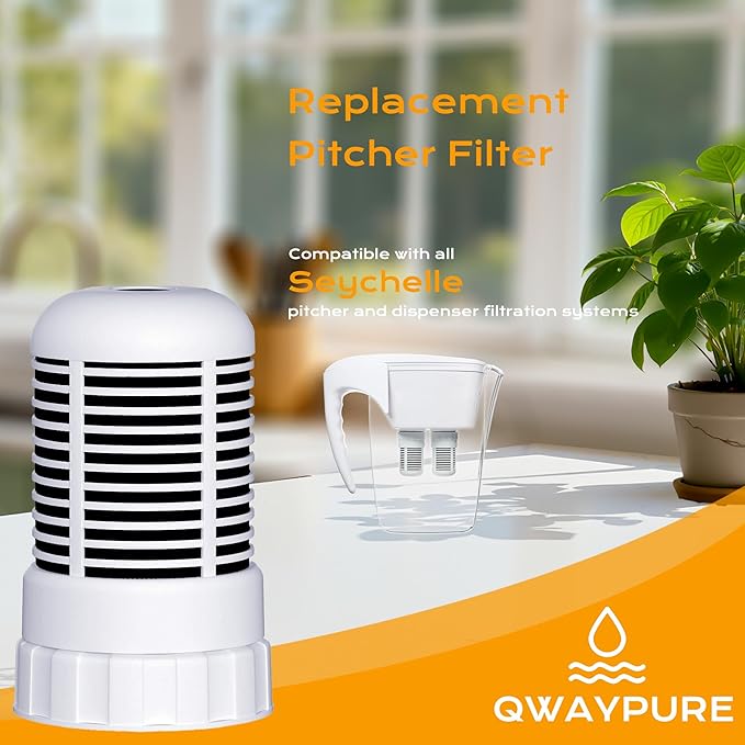 4-Pack Water Filter Replacement for Seychelle Dual-Filter 64oz & Pitcher 32oz, Fluoride, Chlorine, Heavy Metal Removal, Coconut Shell Activated Carbon, NSF Certified