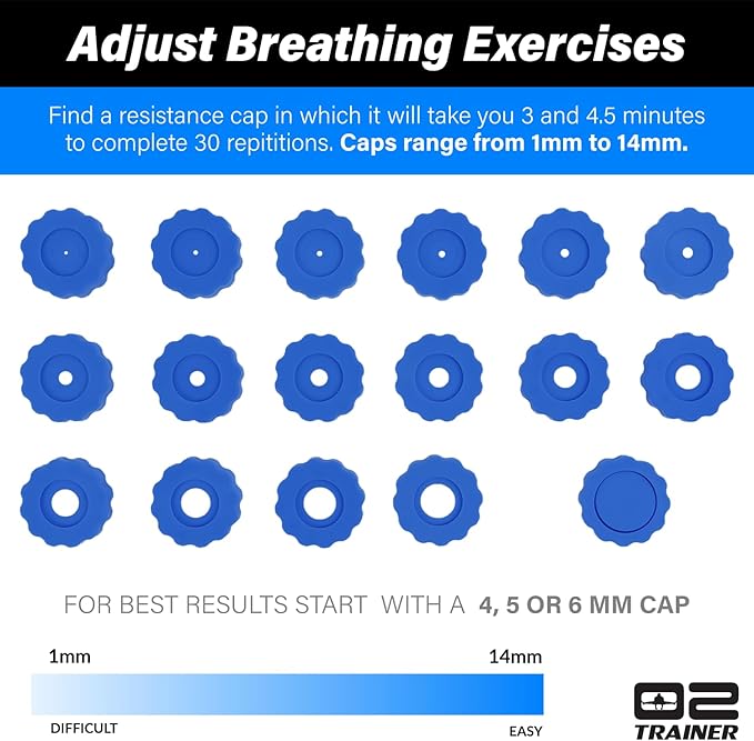 O2Trainer Breathing Muscle Training Device | Lung Power & Endurance Tool for Athletes, Singers & High-Altitude Performance | Diaphragmatic Respiratory Trainer | 16 Resistance Caps