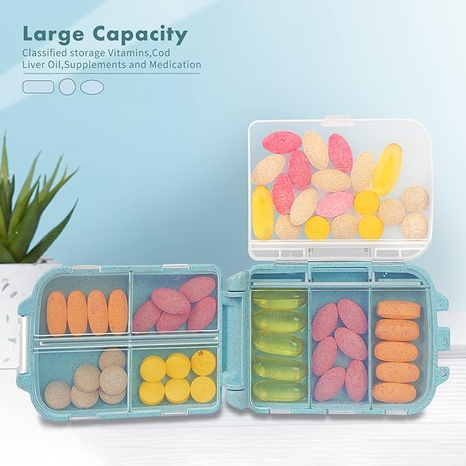 2pcs Portable Pill Case Travel Pill Organizer, Three Folding Design Daily Pill Organizer, Pill Box for Purse Pocket to Hold Vitamins,Cod Liver Oil,Supplements and Medication, Light Blue