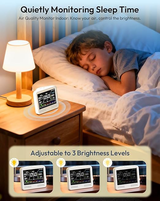 Air Quality Monitor Indoor, 16 in 1 Air Quality Tester for CO2 Monitor, TVOC, PM1.0 PM2.5 PM10, HCHO Temperature Humidity & Time, AQI Monitor with Alerts for Home (PureWhite)