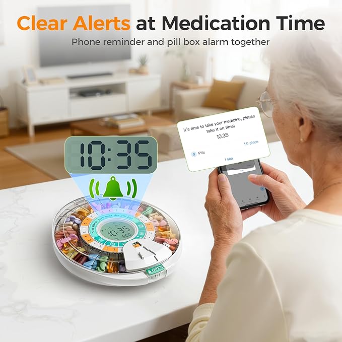 Betife Automatic Pill Dispenser,28-Day Smart Bluetooth Pill Box, App Support Automatic Pill Case with 6 Alarms & Light Reminder, Monthly Timer Dispenser,Electronic Medication Management for Seniors