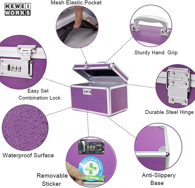 Locking Medicine Box with Portable Storage Case, 10.2''x 6.8''x 6.8'', Childproof Medication Lock Organizer, Lockable Box for Money, Documents & Meds (Purple/Small)