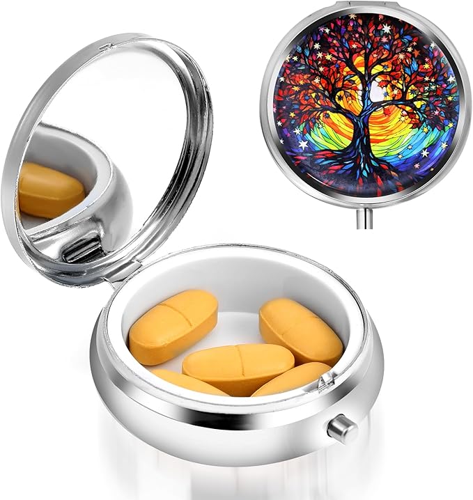 Sibba Portable Medicine Pill Case, Travel Multi-Functional Moisture Proof Pill Box for Purse & Pocket, Cute Metal Medicine Pill Organizer Box for Vitamins, Fish Oil & Supplements (Tree)