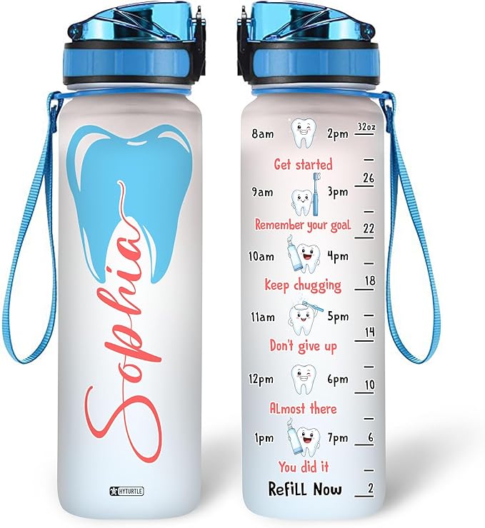 Hyturtle Personalized Dental Water Bottle - 32oz Motivational Water Bottle with Leak-Proof Lid Time Marker - Custom Name Gift for Dentists Dental Hygienists Dental Students - Birthday, Christmas Gift